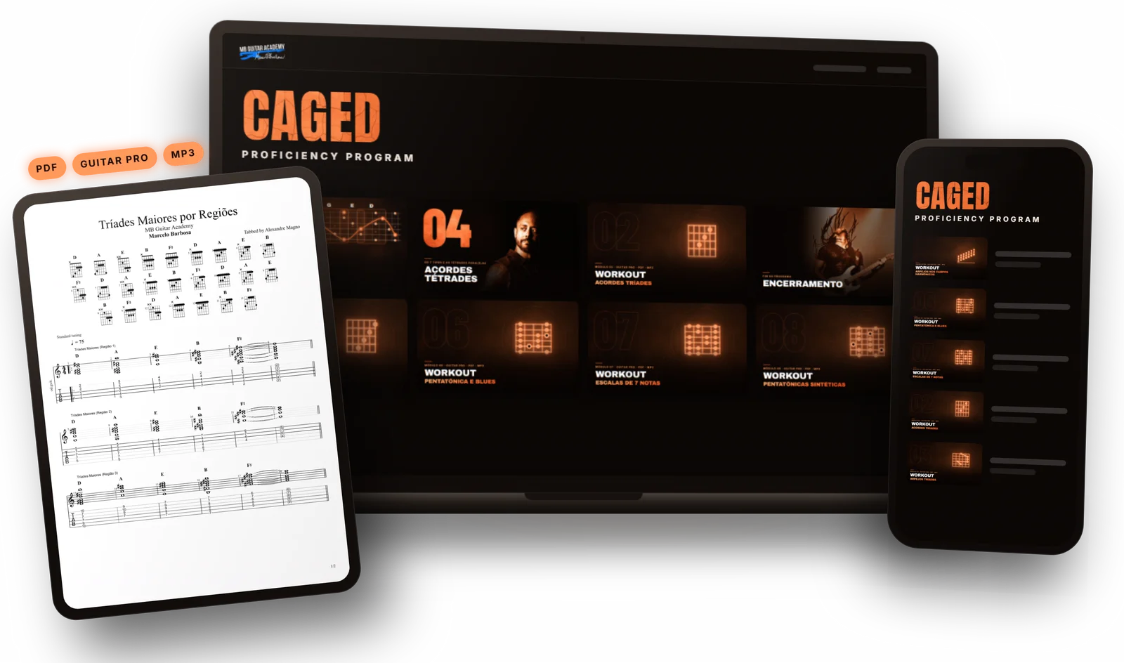 Área de membros do CAGED Proficiency Program aberta num notebook e num celular, com um workout em PDF num tablet