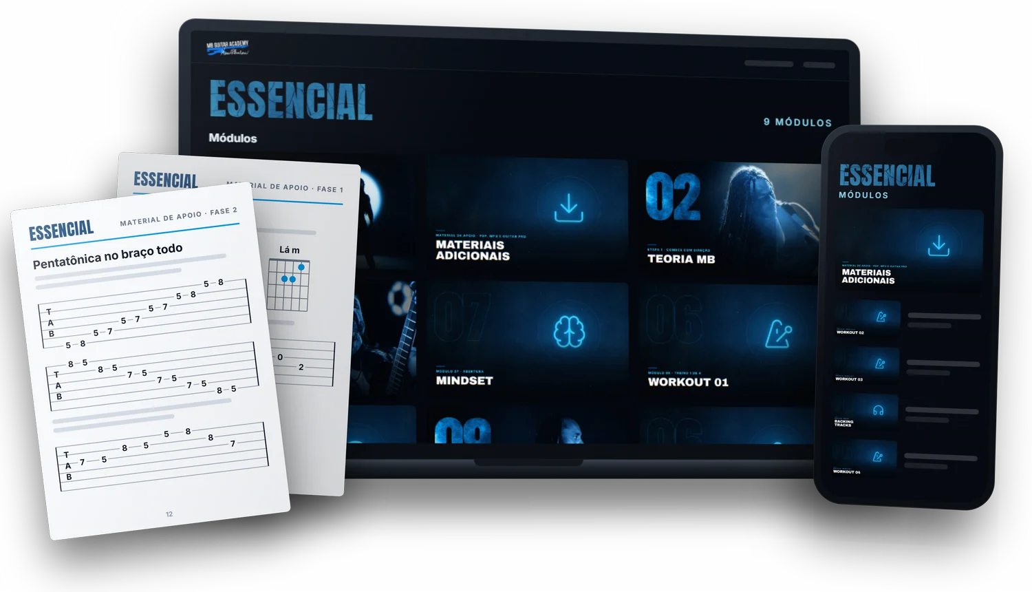 Área de membros do Essencial aberta num notebook e num celular, com folhas da apostila em PDF com tablatura e acordes