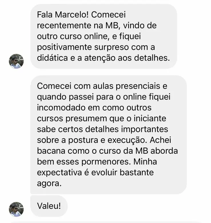 Mensagem real de aluno de Marcelo Barbosa sobre o curso