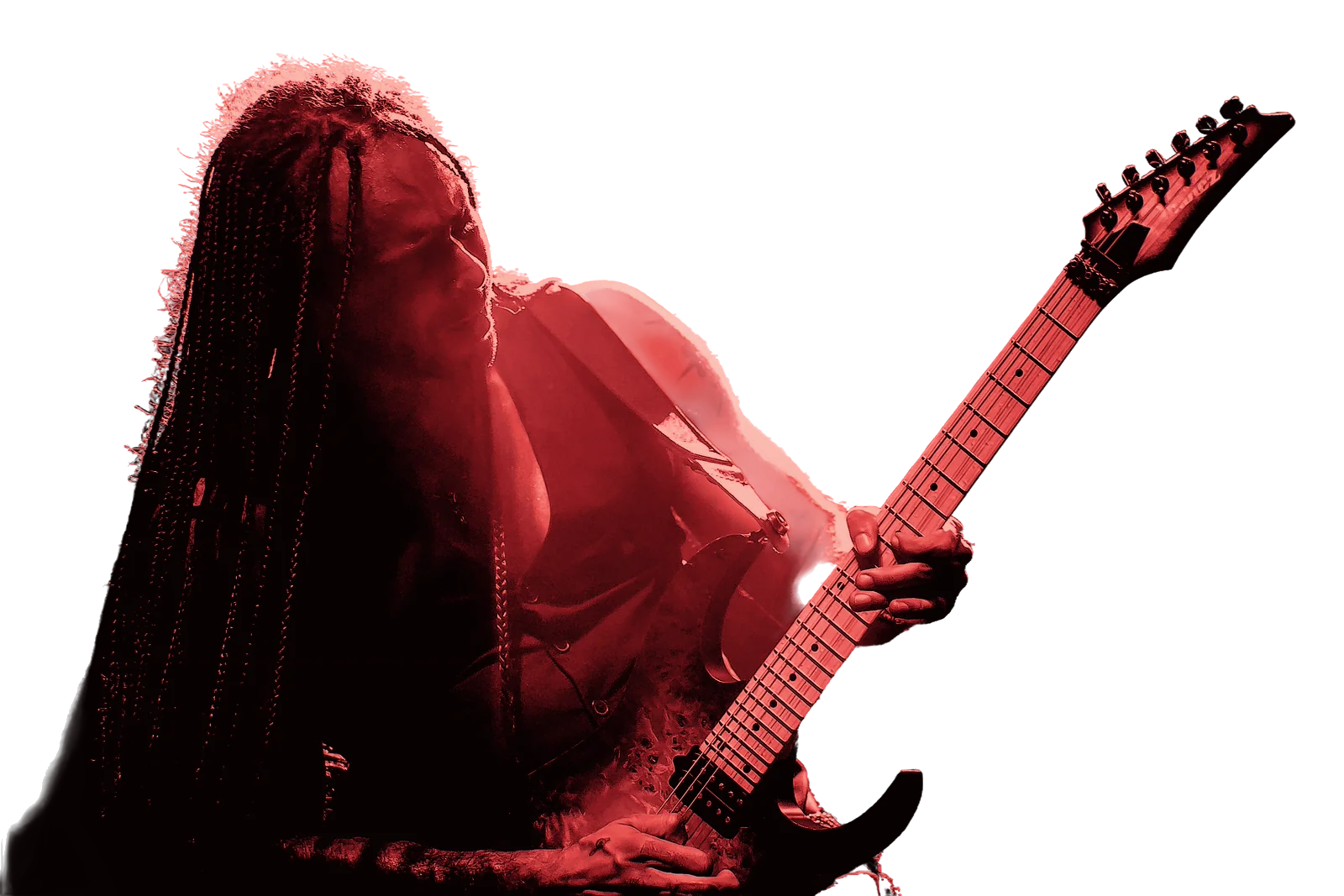 Marcelo Barbosa tocando guitarra ao vivo, em contraluz vermelha, com as tranças