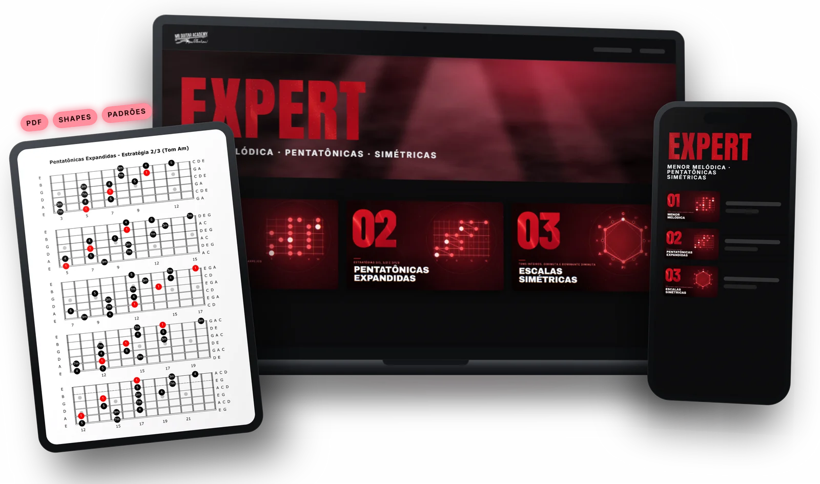 Área de membros do Expert aberta num notebook e num celular, com uma folha de PDF da pentatônica expandida num tablet