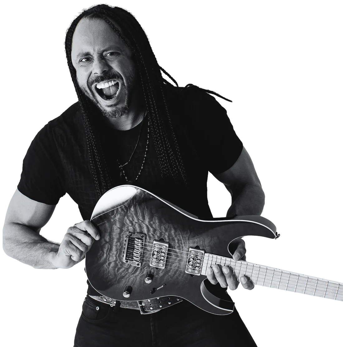 Marcelo Barbosa rindo, com a guitarra