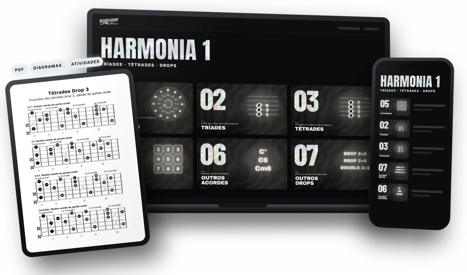 Área de membros do Harmonia 1 aberta num notebook e num celular, com uma folha de diagramas de drop 3 num tablet